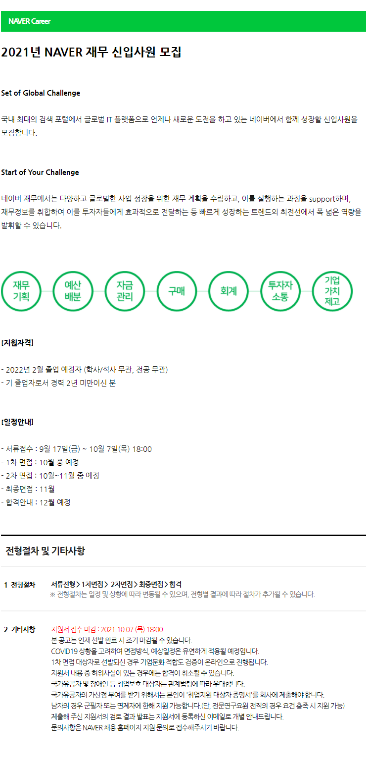 [NAVER] 2021년 NAVER 재무 신입사원 모집 (~10.7)