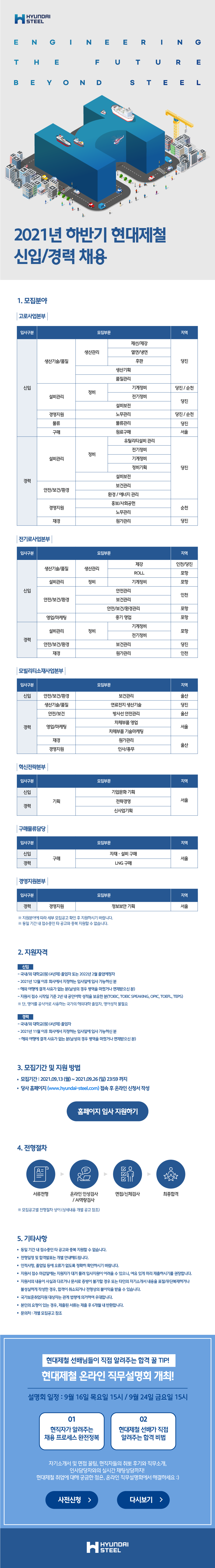 [현대제철] 2021 하반기 현대제철 신입/경력 채용 모집(~9/26(일))